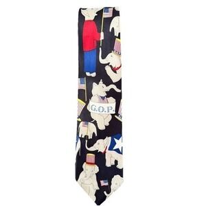 Roberto Cellini Mens GOP Republican Elephant Silk Necktie Black Patriotic Flag
